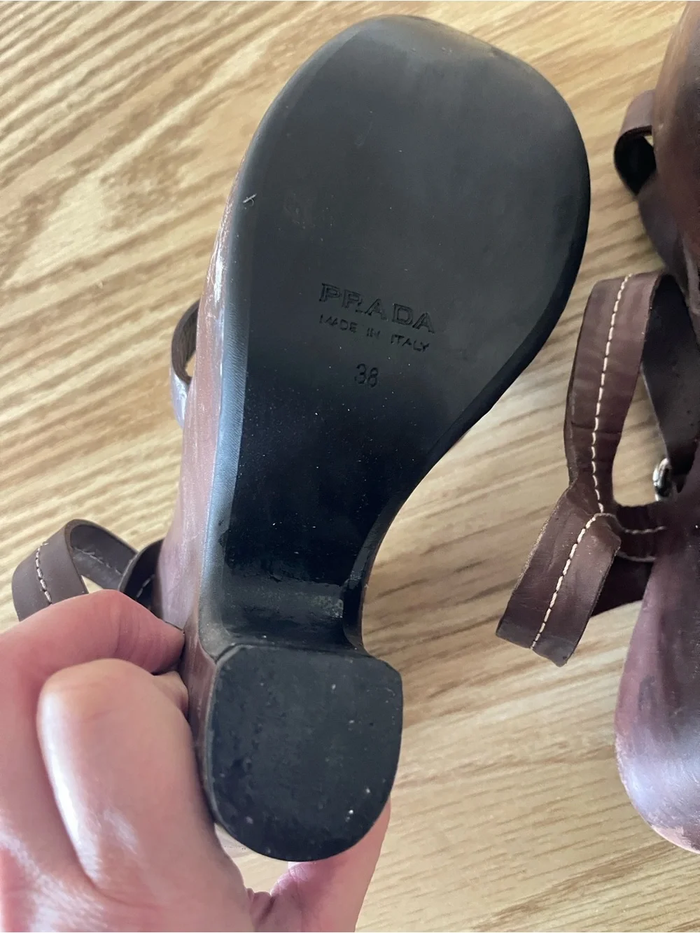 PRADA Brown Leather Strappy Ankle-Buckle Sandals